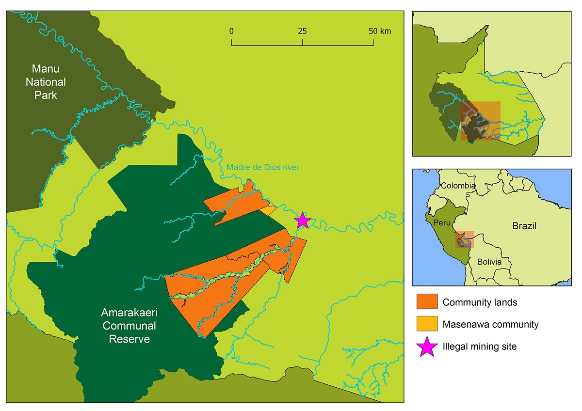 Mapa de la zona afectada en la región de Madre de Dios.