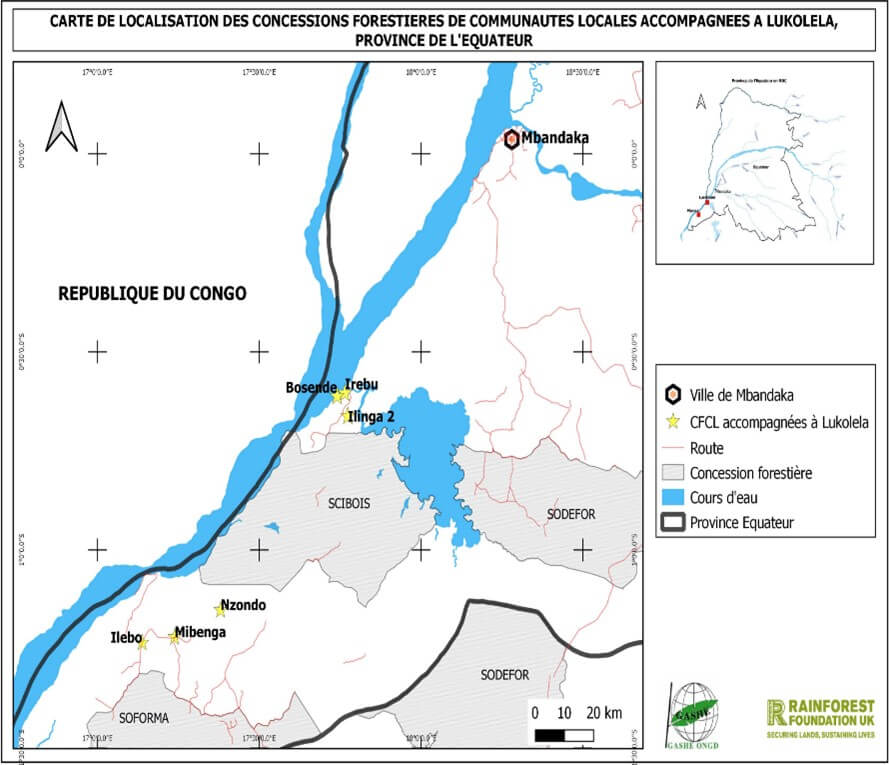 Map showing the location of the supported CFCLs in Equateur province in DRC.